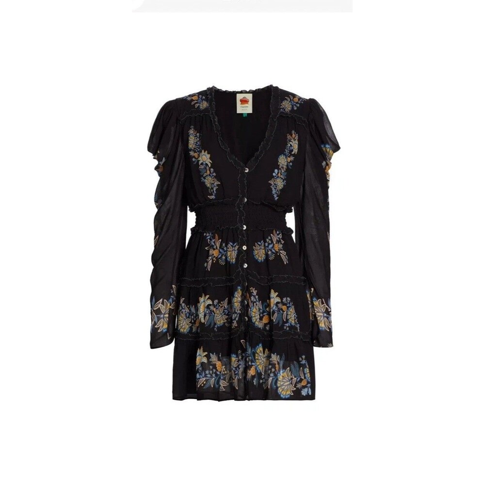 Farm Rio Black Stitched Garden Button Front Long Sleeve Dress Size Small New